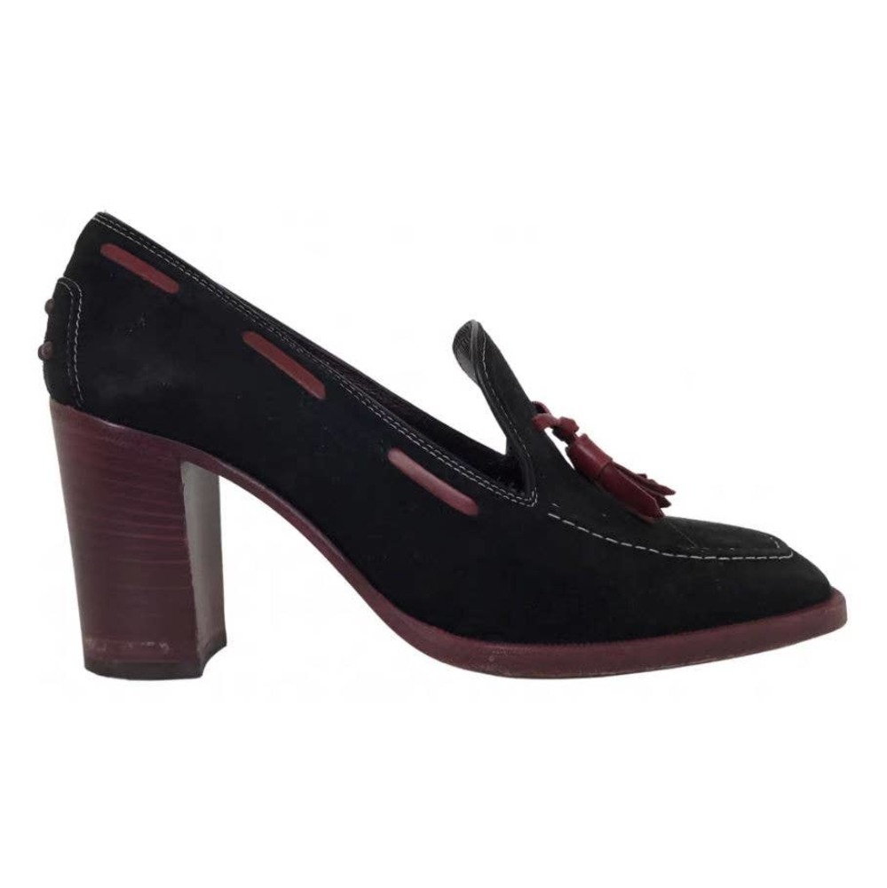 Tod’s Women's US 6 EU 35.5 Kiltie Tassel Black Red Suede Loafer Pumps Heels